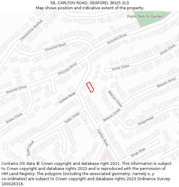 58, CARLTON ROAD, SEAFORD, BN25 2LS: Location map and indicative extent of plot