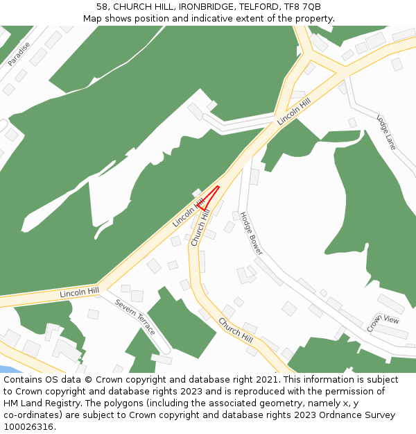 58, CHURCH HILL, IRONBRIDGE, TELFORD, TF8 7QB: Location map and indicative extent of plot