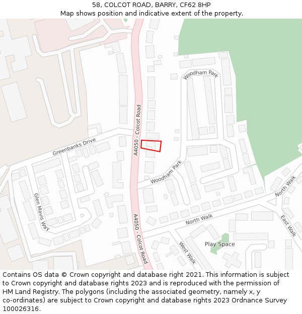 58, COLCOT ROAD, BARRY, CF62 8HP: Location map and indicative extent of plot