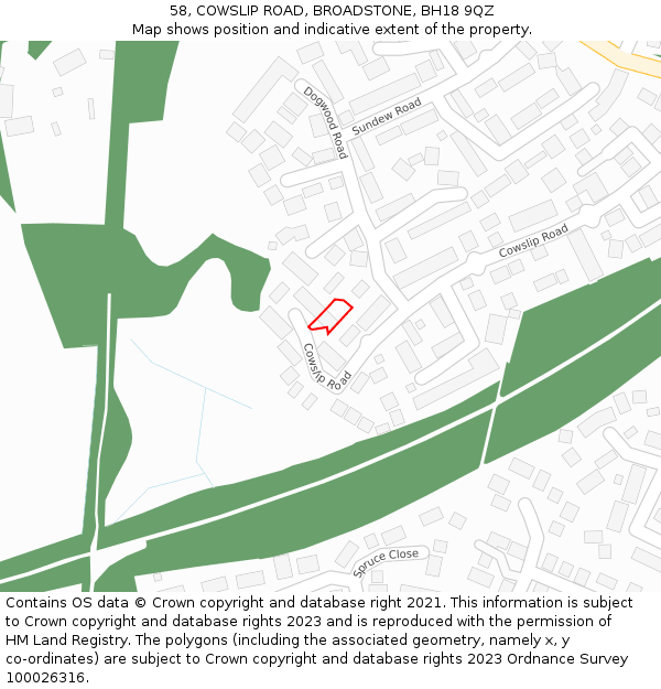 58, COWSLIP ROAD, BROADSTONE, BH18 9QZ: Location map and indicative extent of plot