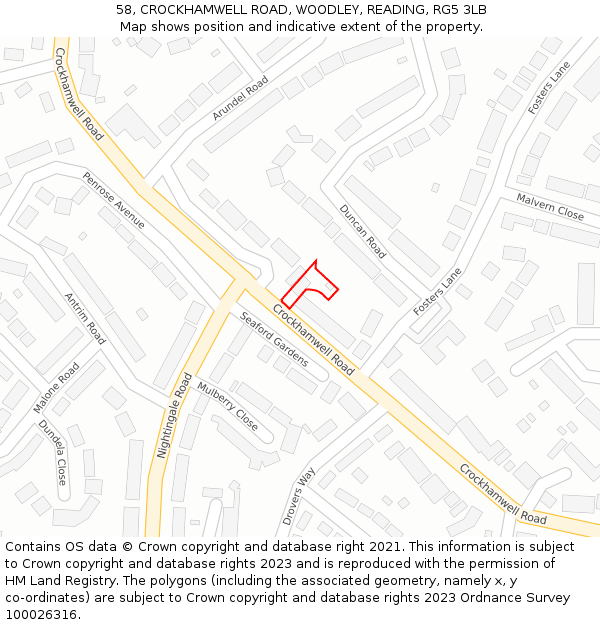 58, CROCKHAMWELL ROAD, WOODLEY, READING, RG5 3LB: Location map and indicative extent of plot