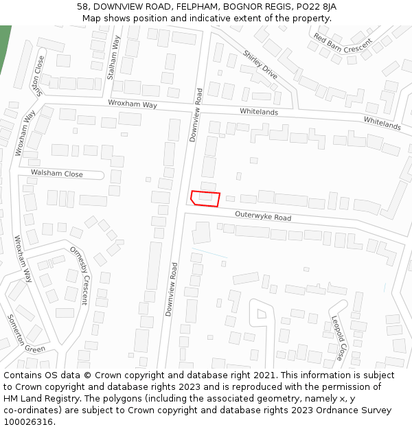 58, DOWNVIEW ROAD, FELPHAM, BOGNOR REGIS, PO22 8JA: Location map and indicative extent of plot