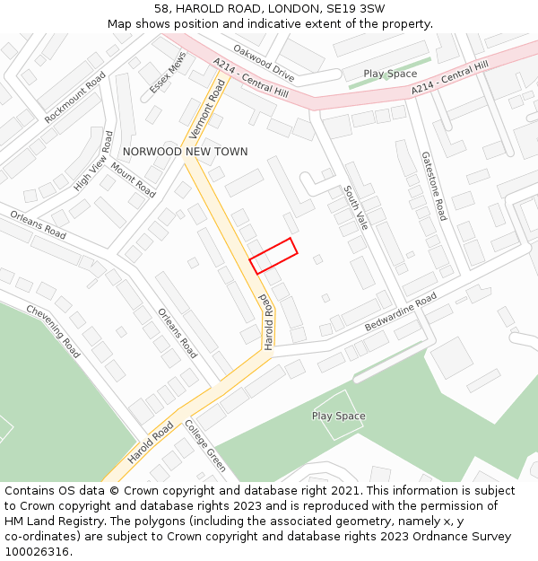 58, HAROLD ROAD, LONDON, SE19 3SW: Location map and indicative extent of plot