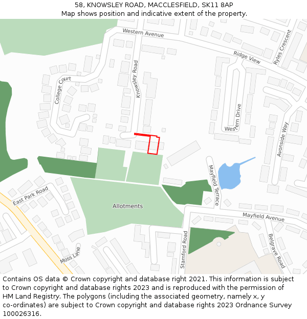 58, KNOWSLEY ROAD, MACCLESFIELD, SK11 8AP: Location map and indicative extent of plot