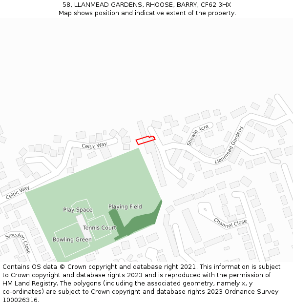 58, LLANMEAD GARDENS, RHOOSE, BARRY, CF62 3HX: Location map and indicative extent of plot