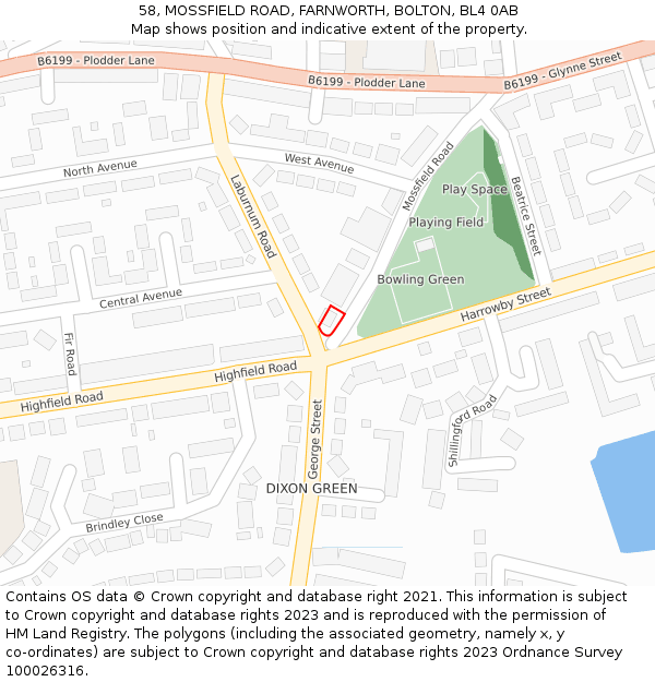 58, MOSSFIELD ROAD, FARNWORTH, BOLTON, BL4 0AB: Location map and indicative extent of plot