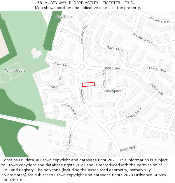 58, MURBY WAY, THORPE ASTLEY, LEICESTER, LE3 3UH: Location map and indicative extent of plot