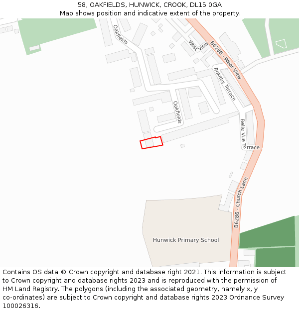 58, OAKFIELDS, HUNWICK, CROOK, DL15 0GA: Location map and indicative extent of plot