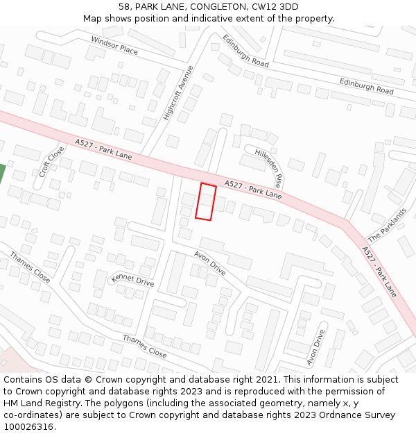 58, PARK LANE, CONGLETON, CW12 3DD: Location map and indicative extent of plot