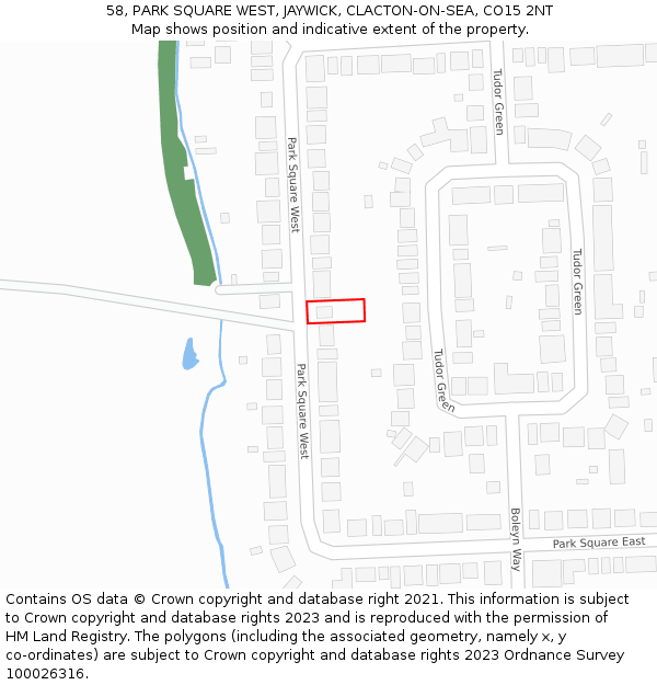 58, PARK SQUARE WEST, JAYWICK, CLACTON-ON-SEA, CO15 2NT: Location map and indicative extent of plot