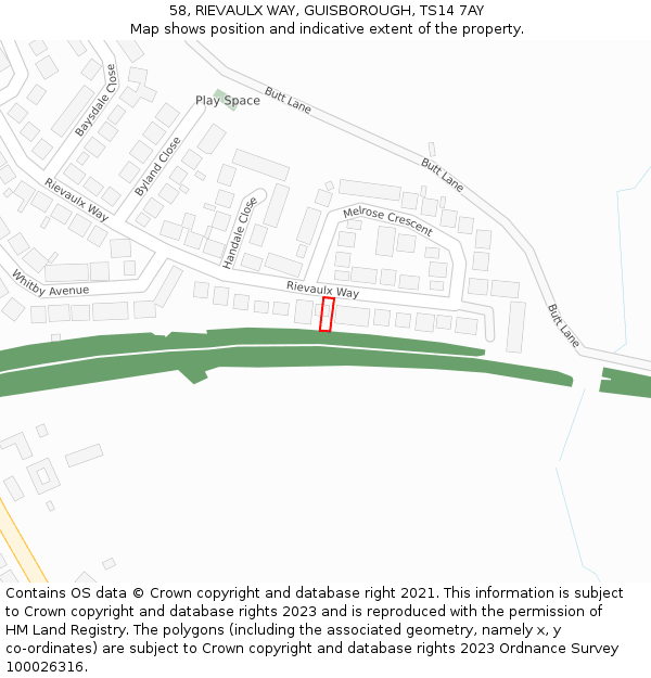 58, RIEVAULX WAY, GUISBOROUGH, TS14 7AY: Location map and indicative extent of plot