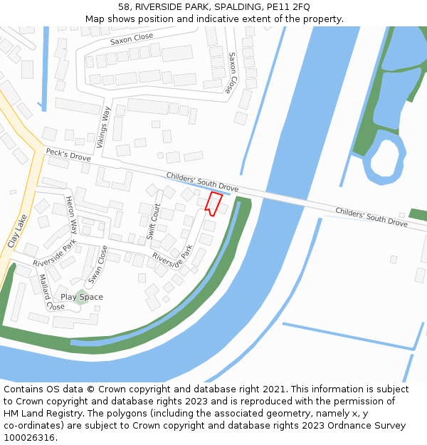 58, RIVERSIDE PARK, SPALDING, PE11 2FQ: Location map and indicative extent of plot