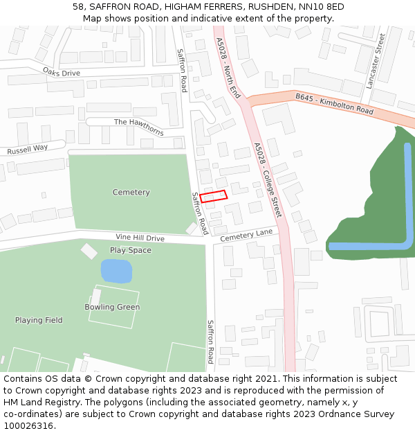 58, SAFFRON ROAD, HIGHAM FERRERS, RUSHDEN, NN10 8ED: Location map and indicative extent of plot