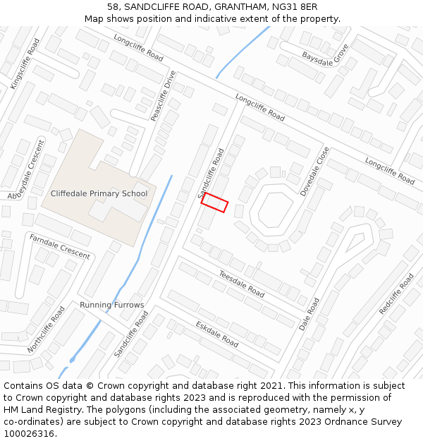 58, SANDCLIFFE ROAD, GRANTHAM, NG31 8ER: Location map and indicative extent of plot