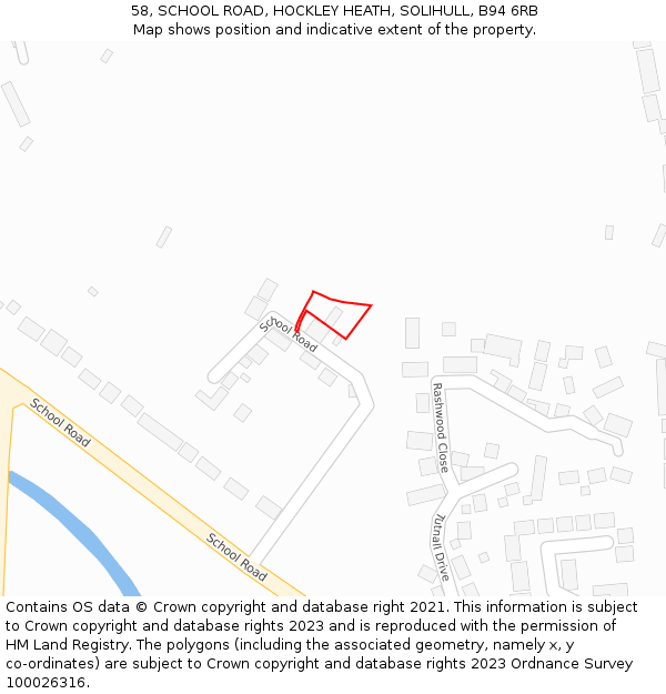 58, SCHOOL ROAD, HOCKLEY HEATH, SOLIHULL, B94 6RB: Location map and indicative extent of plot