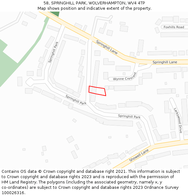 58, SPRINGHILL PARK, WOLVERHAMPTON, WV4 4TP: Location map and indicative extent of plot