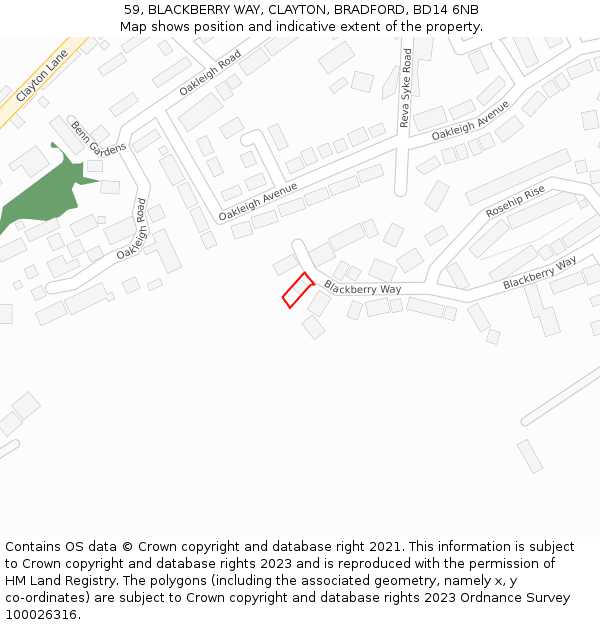 59, BLACKBERRY WAY, CLAYTON, BRADFORD, BD14 6NB: Location map and indicative extent of plot