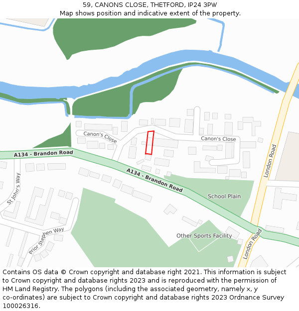 59, CANONS CLOSE, THETFORD, IP24 3PW: Location map and indicative extent of plot
