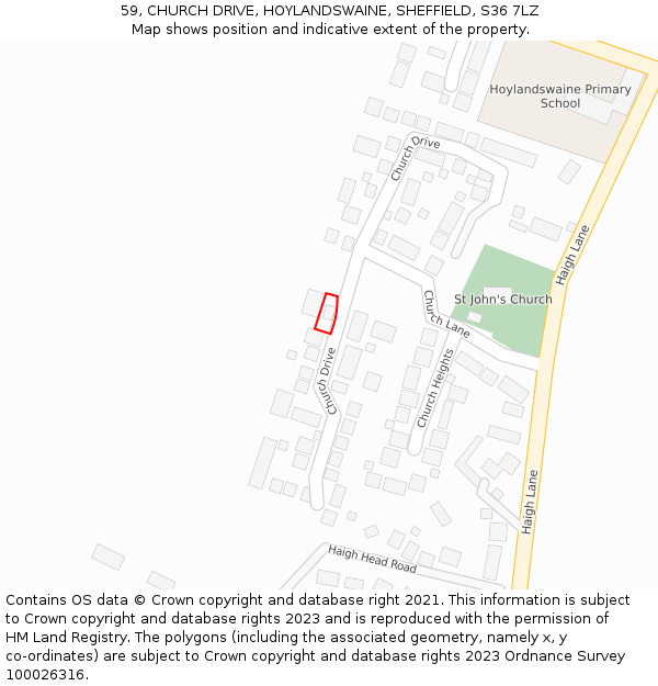 59, CHURCH DRIVE, HOYLANDSWAINE, SHEFFIELD, S36 7LZ: Location map and indicative extent of plot