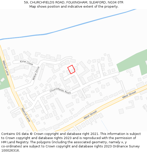 59, CHURCHFIELDS ROAD, FOLKINGHAM, SLEAFORD, NG34 0TR: Location map and indicative extent of plot