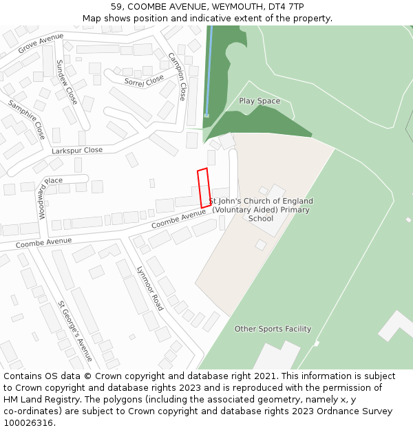 59, COOMBE AVENUE, WEYMOUTH, DT4 7TP: Location map and indicative extent of plot