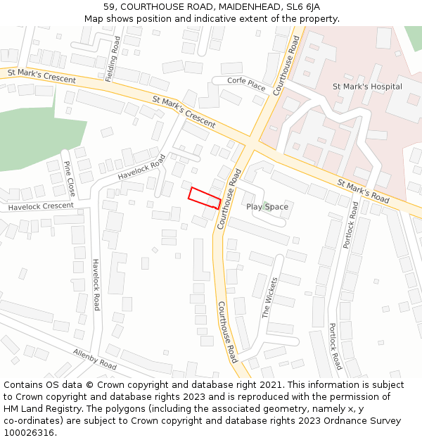 59, COURTHOUSE ROAD, MAIDENHEAD, SL6 6JA: Location map and indicative extent of plot