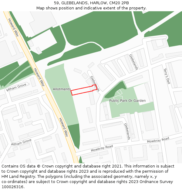 59, GLEBELANDS, HARLOW, CM20 2PB: Location map and indicative extent of plot