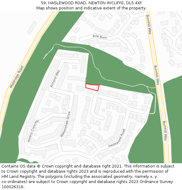 59, HASLEWOOD ROAD, NEWTON AYCLIFFE, DL5 4XF: Location map and indicative extent of plot