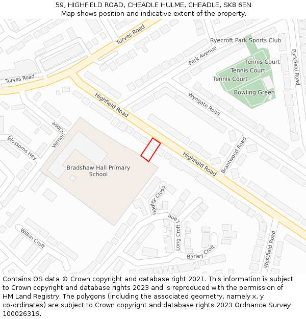 59, HIGHFIELD ROAD, CHEADLE HULME, CHEADLE, SK8 6EN: Location map and indicative extent of plot