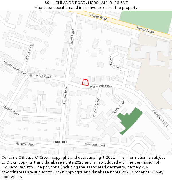 59, HIGHLANDS ROAD, HORSHAM, RH13 5NE: Location map and indicative extent of plot