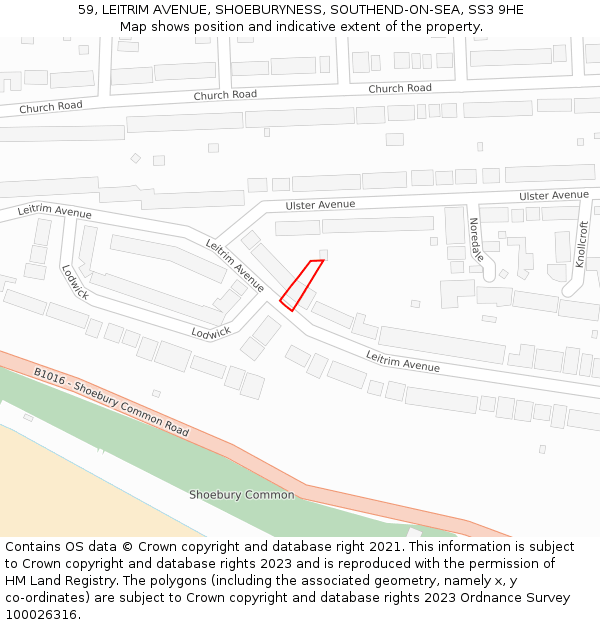 59, LEITRIM AVENUE, SHOEBURYNESS, SOUTHEND-ON-SEA, SS3 9HE: Location map and indicative extent of plot