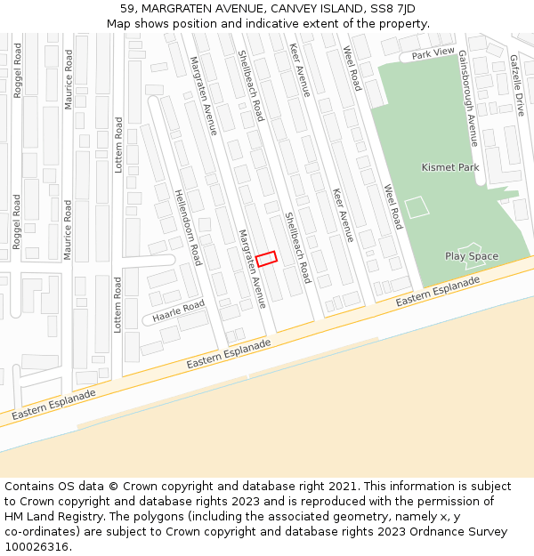 59, MARGRATEN AVENUE, CANVEY ISLAND, SS8 7JD: Location map and indicative extent of plot