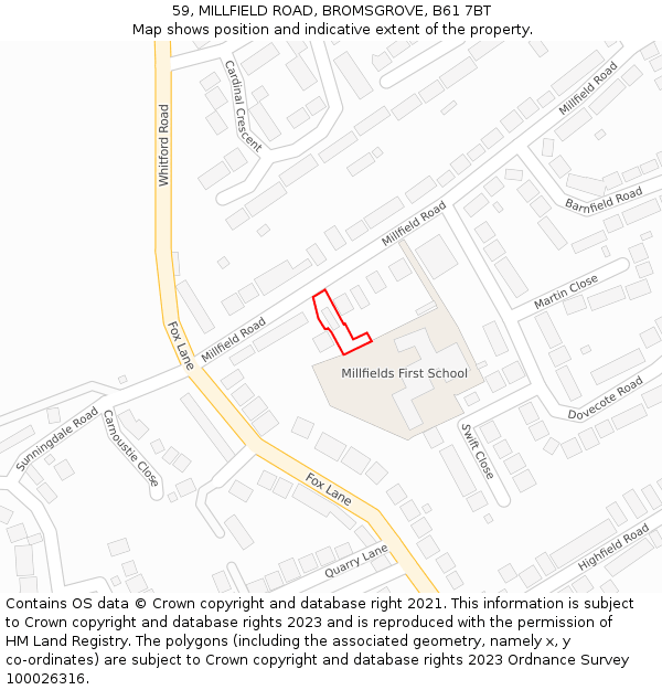 59, MILLFIELD ROAD, BROMSGROVE, B61 7BT: Location map and indicative extent of plot