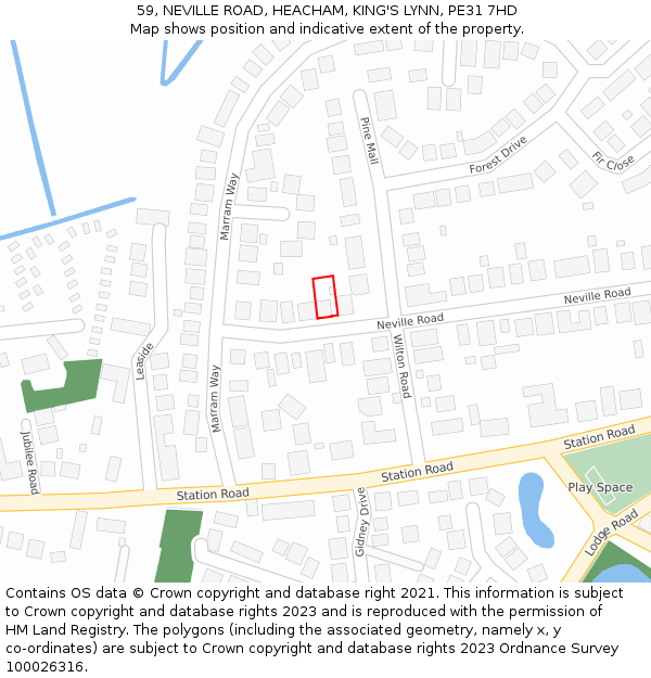 59, NEVILLE ROAD, HEACHAM, KING'S LYNN, PE31 7HD: Location map and indicative extent of plot