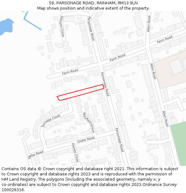 59, PARSONAGE ROAD, RAINHAM, RM13 9LN: Location map and indicative extent of plot