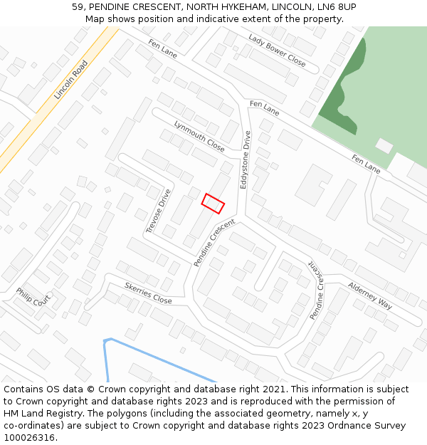 59, PENDINE CRESCENT, NORTH HYKEHAM, LINCOLN, LN6 8UP: Location map and indicative extent of plot