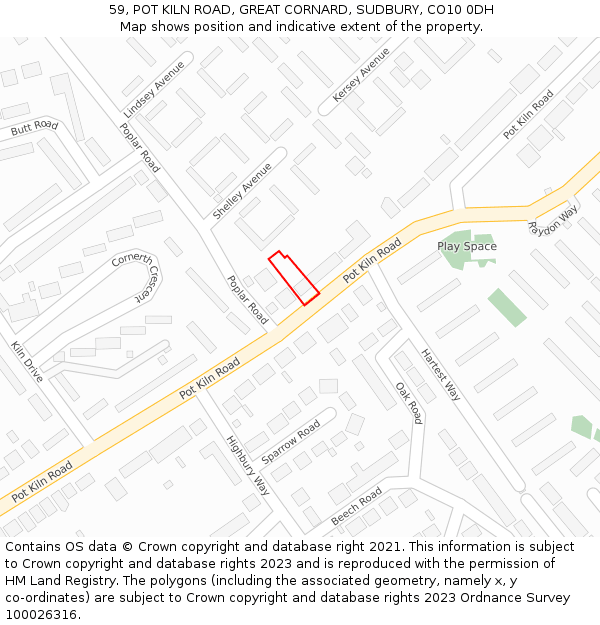 59, POT KILN ROAD, GREAT CORNARD, SUDBURY, CO10 0DH: Location map and indicative extent of plot