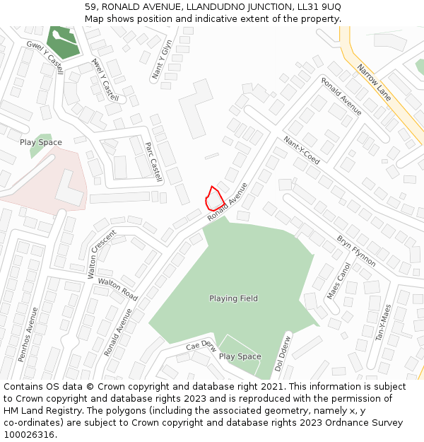 59, RONALD AVENUE, LLANDUDNO JUNCTION, LL31 9UQ: Location map and indicative extent of plot