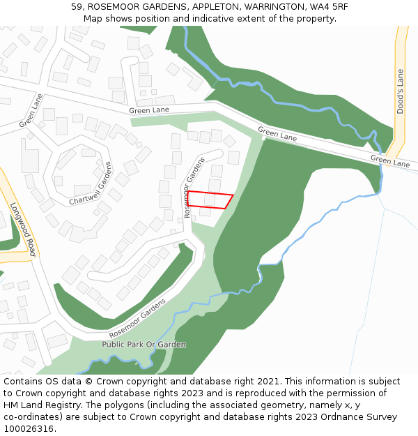 59, ROSEMOOR GARDENS, APPLETON, WARRINGTON, WA4 5RF: Location map and indicative extent of plot