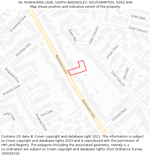 59, ROWNHAMS LANE, NORTH BADDESLEY, SOUTHAMPTON, SO52 9HR: Location map and indicative extent of plot