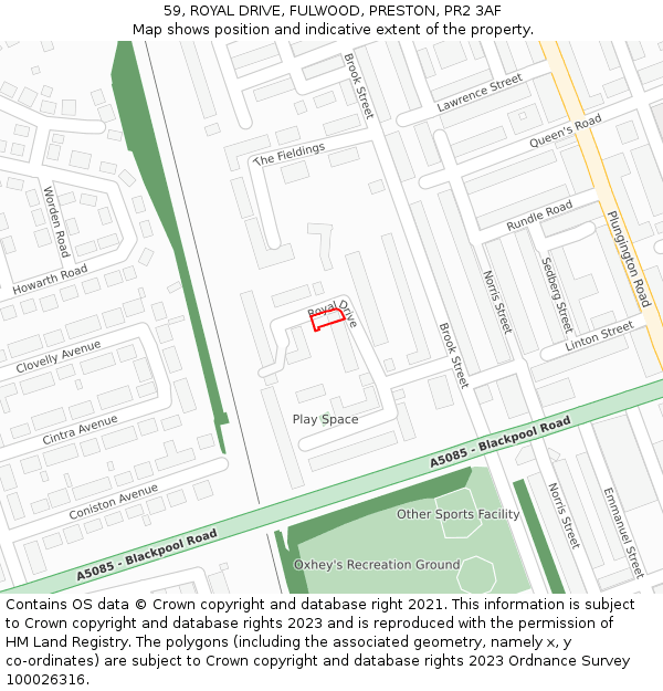 59, ROYAL DRIVE, FULWOOD, PRESTON, PR2 3AF: Location map and indicative extent of plot