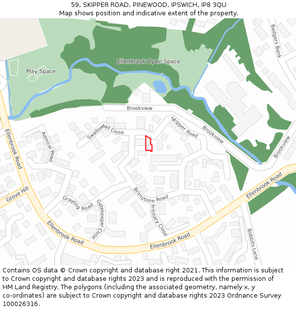 59, SKIPPER ROAD, PINEWOOD, IPSWICH, IP8 3QU: Location map and indicative extent of plot