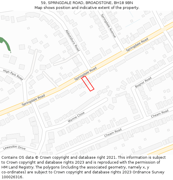 59, SPRINGDALE ROAD, BROADSTONE, BH18 9BN: Location map and indicative extent of plot