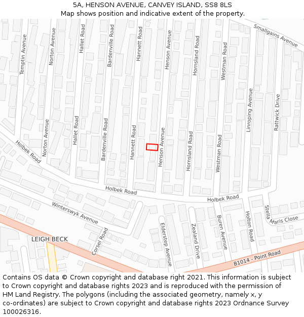 5A, HENSON AVENUE, CANVEY ISLAND, SS8 8LS: Location map and indicative extent of plot