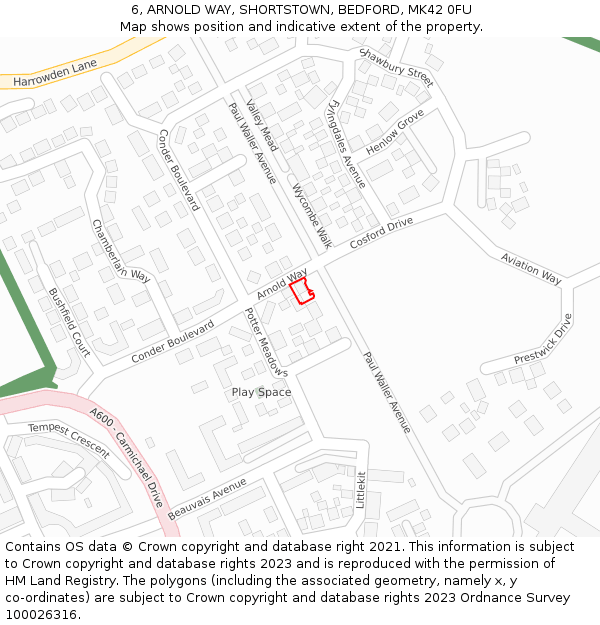 6, ARNOLD WAY, SHORTSTOWN, BEDFORD, MK42 0FU: Location map and indicative extent of plot