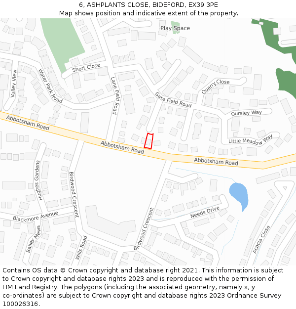 6, ASHPLANTS CLOSE, BIDEFORD, EX39 3PE: Location map and indicative extent of plot