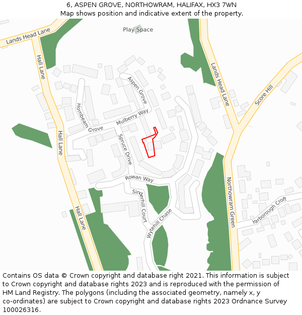 6, ASPEN GROVE, NORTHOWRAM, HALIFAX, HX3 7WN: Location map and indicative extent of plot