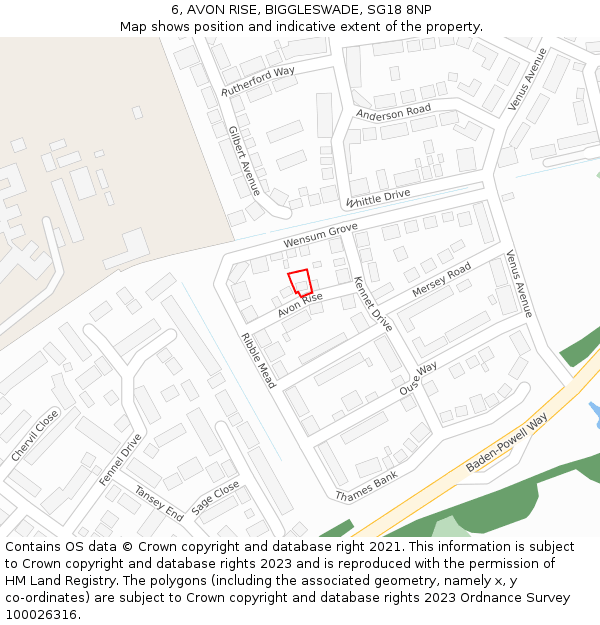 6, AVON RISE, BIGGLESWADE, SG18 8NP: Location map and indicative extent of plot