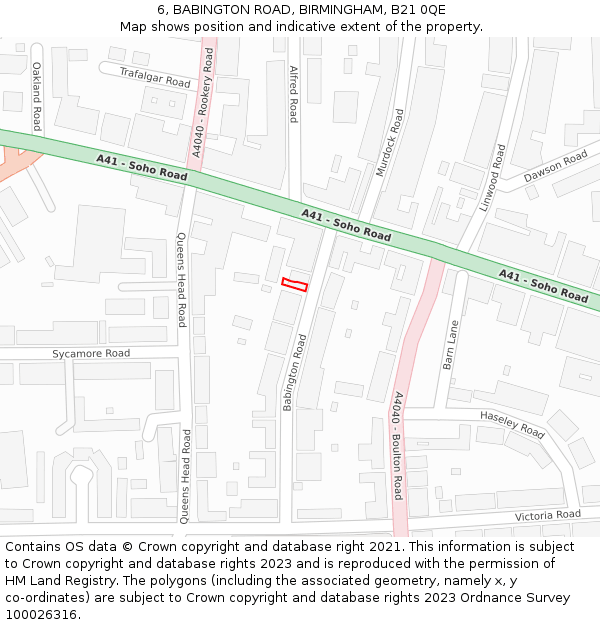 6, BABINGTON ROAD, BIRMINGHAM, B21 0QE: Location map and indicative extent of plot