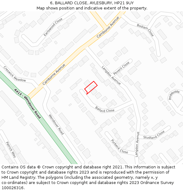 6, BALLARD CLOSE, AYLESBURY, HP21 9UY: Location map and indicative extent of plot